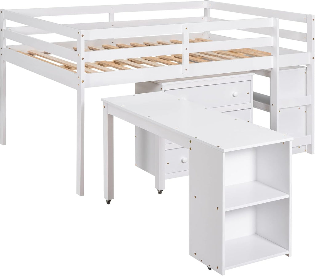 JIVOIT Full Size Low Loft Bed with Rolling Portable Desk, Wooden Loft Bed with Cabinet/Bookshelf/Drawers/Open Shelves for Kids Teens Adults, No Box Spring Required (White-Full-Rolling Portable Desk)