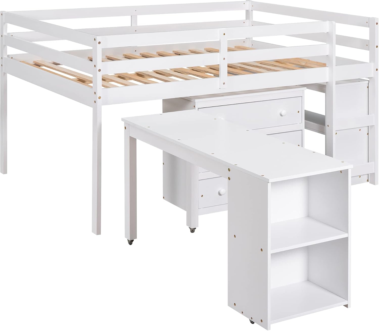 JIVOIT Full Size Low Loft Bed with Rolling Portable Desk, Wooden Loft Bed with Cabinet/Bookshelf/Drawers/Open Shelves for Kids Teens Adults, No Box Spring Required (White-Full-Rolling Portable Desk)