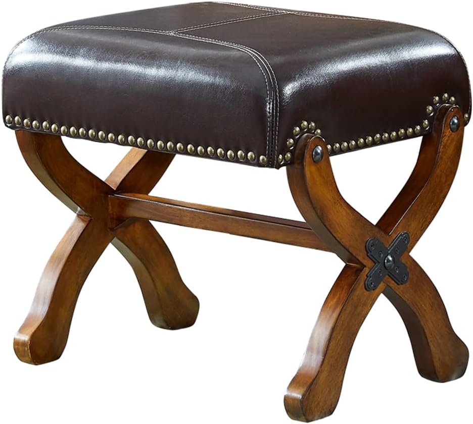 Leather Footrest Wood Ottoman,Rustic Foot Stools Seat, Wood Footstool,Rectangle Footrest Small Ottoman for Living Room Bedroom (Black)