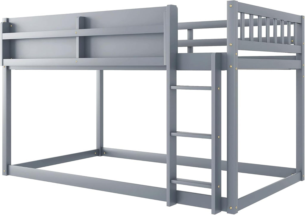 Low Bunk Bed Twin Over Twin for Kids, Wood Floor Bunk Beds with Bookshelf & Ladder, Low Profile Bunked with Full Guardrails for Kids, Juniors, Boys, Girls, Bedroom, Gray