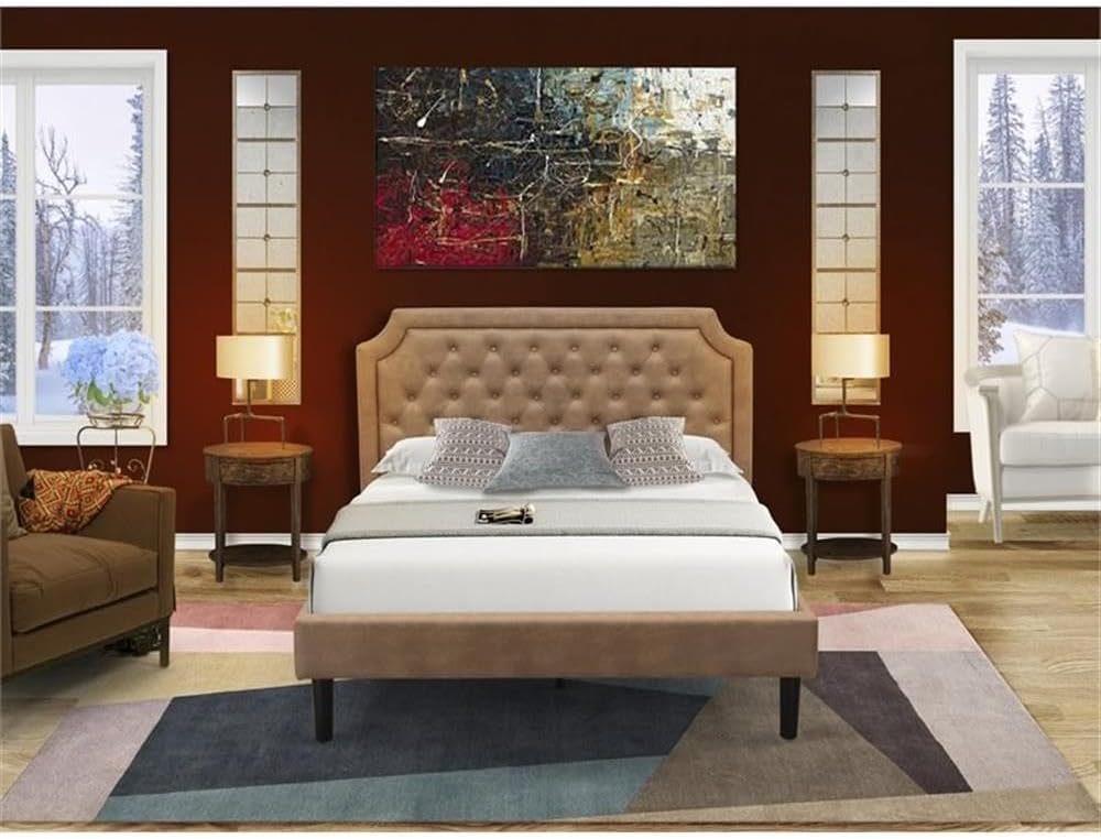 East West Furniture GB28Q-2HI07 3-Pc Wooden Set for Bedroom with Button Tufted Queen Bedframe and 2 Distressed Jacobean End Tables for Bedroom - Brown Faux Leather with Brown Texture and Black Legs