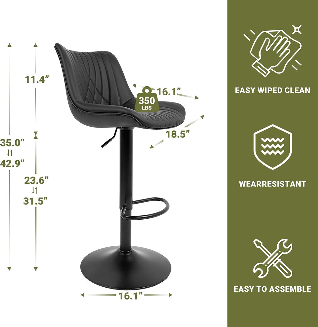 Swivel Bar Stools Set of 4, Height Adjustable Counter Height Bar Stools with Open Back and Footrest, Premium Faux PU Leather, Modern Upholstered Bar Chairs for Kitchen Island/Bar/Counter, Black