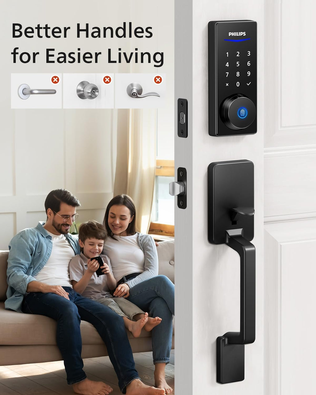 Philips Wi-Fi Smart Lock with Handle, Keyless Entry Keypad Door Lock with Handle, Front Door Deadbolt Set with WiFi Gateway, App Control, Fingerprint Unlock, PIN Code Unlock, Auto Locking