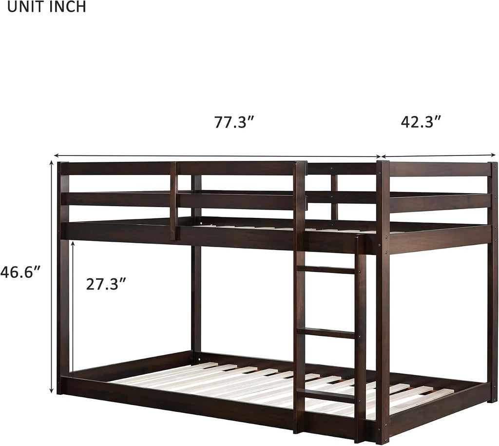 Ball & Cast Solid Rubber Wooden Twin Over Twin Bunk Bed with Ladder and Full Length Guardrail,Low Bunkbed w/Slat Support,Bedroom Furniture for Girls Boys,Espresso
