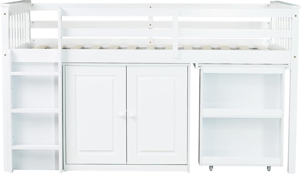 JIVOIT Twin Size Low Loft Bed, Multifunctional Loft Bed with Pulling-Out Desk, Storage Cabinet, Drawer and Shelf Cabinet, Rubber Wood Loft Bed with Safety Guardrail, Ladder, Easy Assembly (White/262)