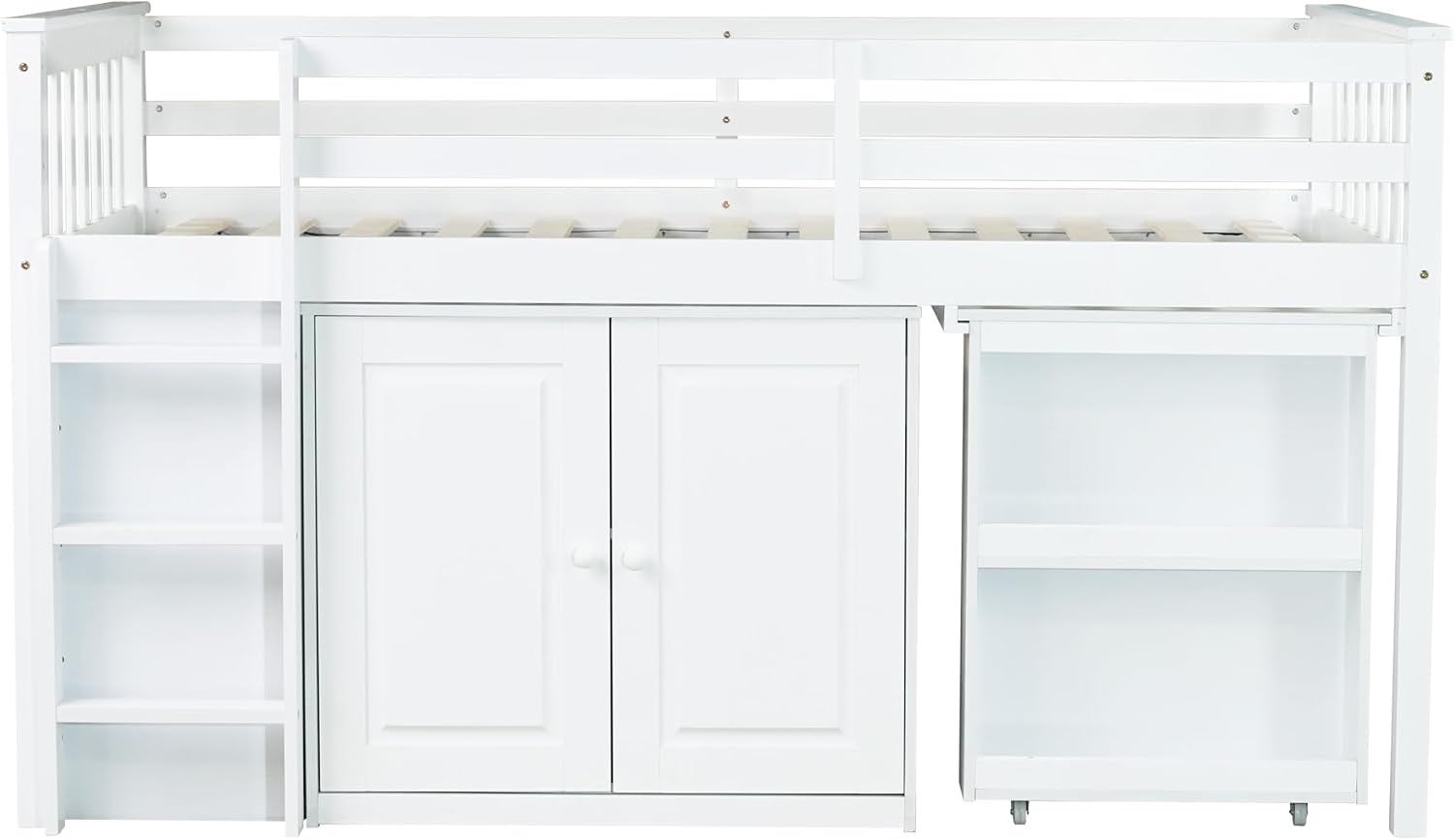 JIVOIT Twin Size Low Loft Bed, Multifunctional Loft Bed with Pulling-Out Desk, Storage Cabinet, Drawer and Shelf Cabinet, Rubber Wood Loft Bed with Safety Guardrail, Ladder, Easy Assembly (White/262)
