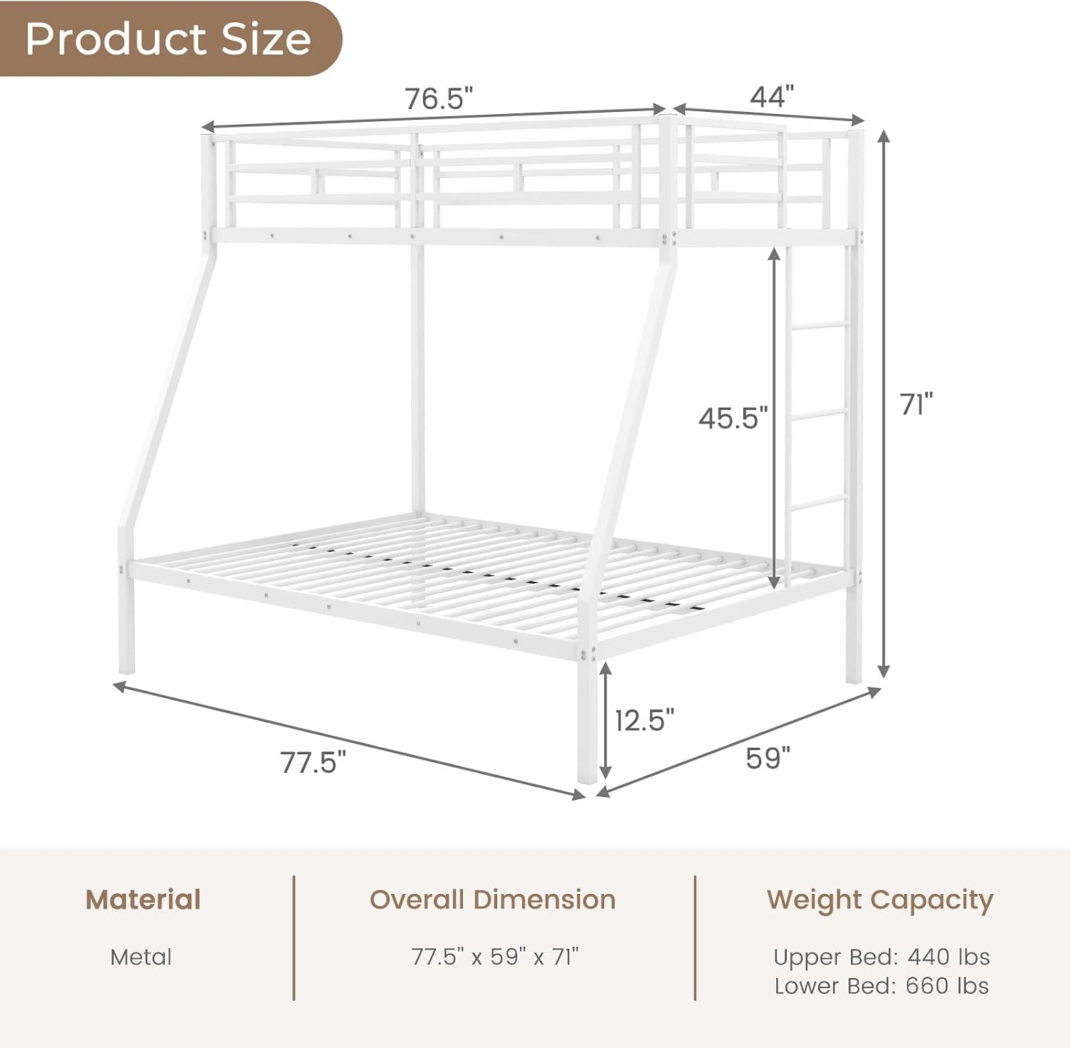DORTALA Twin Over Full Bunk Bed, Metal Bunk Bed Frame w/Ladder, Safety Rail & Steel Slats, Space-Saving Bunk Beds for Kids Teens Adults, Noise Free for Dorm Bedroom, No Box Spring Needed, White
