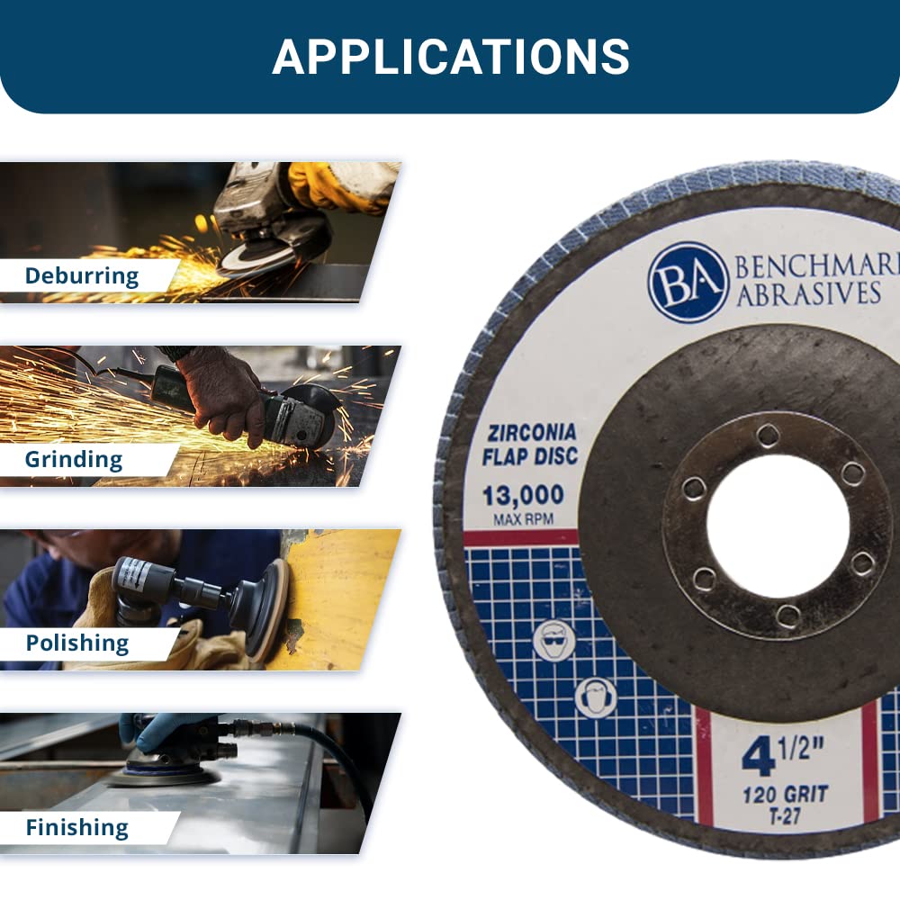 Benchmark Abrasives 4.5' x 7/8' Premium Zirconia T27 Flat Flap Discs 4 1/2 for Angle Grinder Sanding Discs, Finishing Grinding Wheels 4 1/2 Inch for Sanding Stock Rust Removal (100 Pack) - 120 Grit