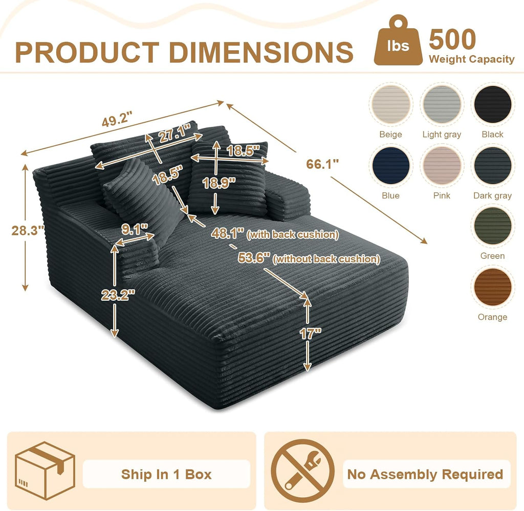 Oversized Chaise Lounge Chair Indoor, 66' Cloud Boneless Sleeper Couch Corduroy Upholstered Sofa Bed Deep Seat Comfy Reading Chair with 3 Pillows for Living Room Bedroom, Dark Grey