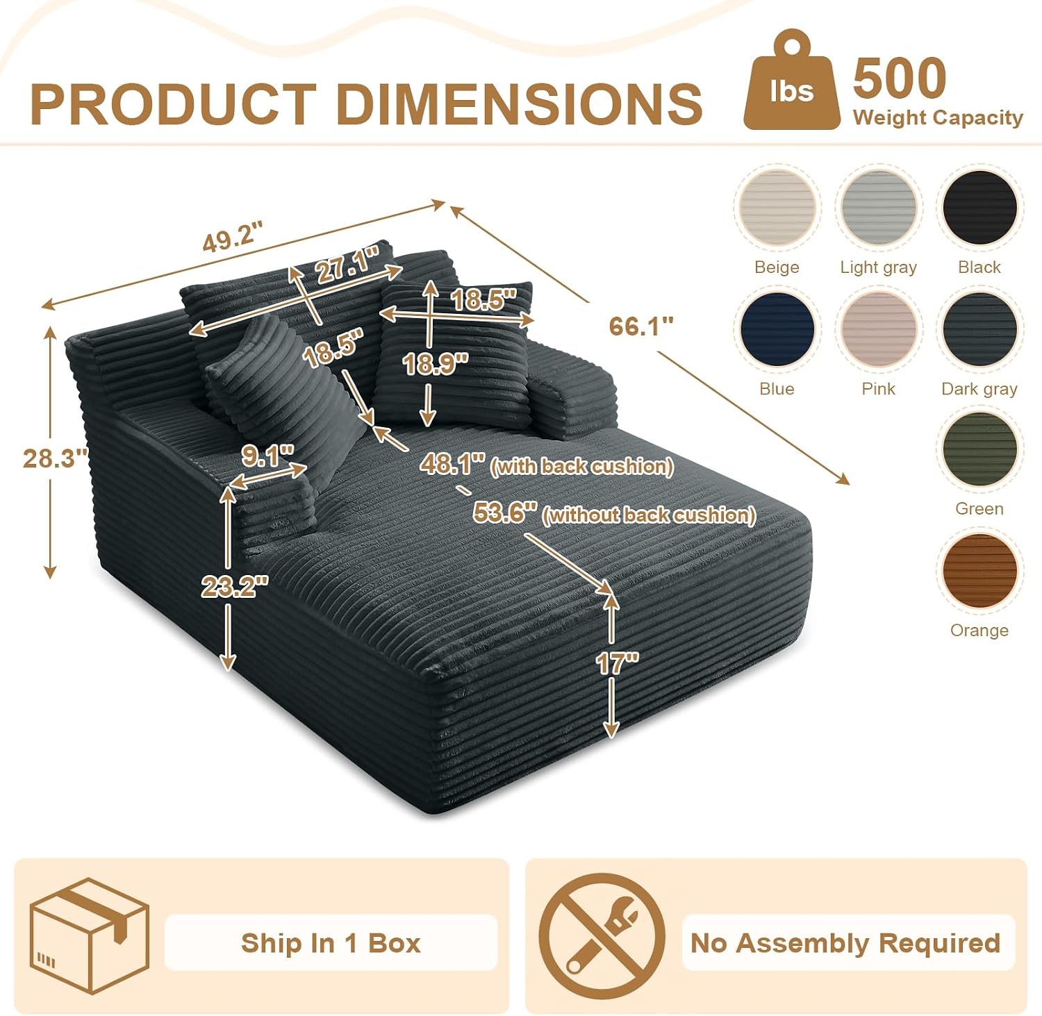 Oversized Chaise Lounge Chair Indoor, 66' Cloud Boneless Sleeper Couch Corduroy Upholstered Sofa Bed Deep Seat Comfy Reading Chair with 3 Pillows for Living Room Bedroom, Dark Grey