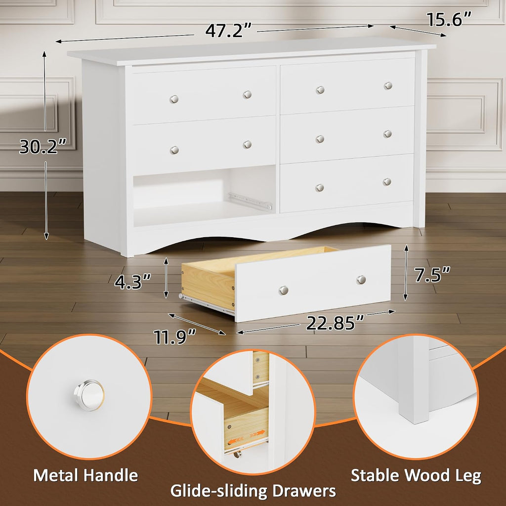 Flamaker Dresser for Bedroom, 6 Drawer Dresser, 47.2'' Wood Dressers, Wide Chest of Drawer, Storage Drawers, Storage Organizer for Closet, Hallway (White)