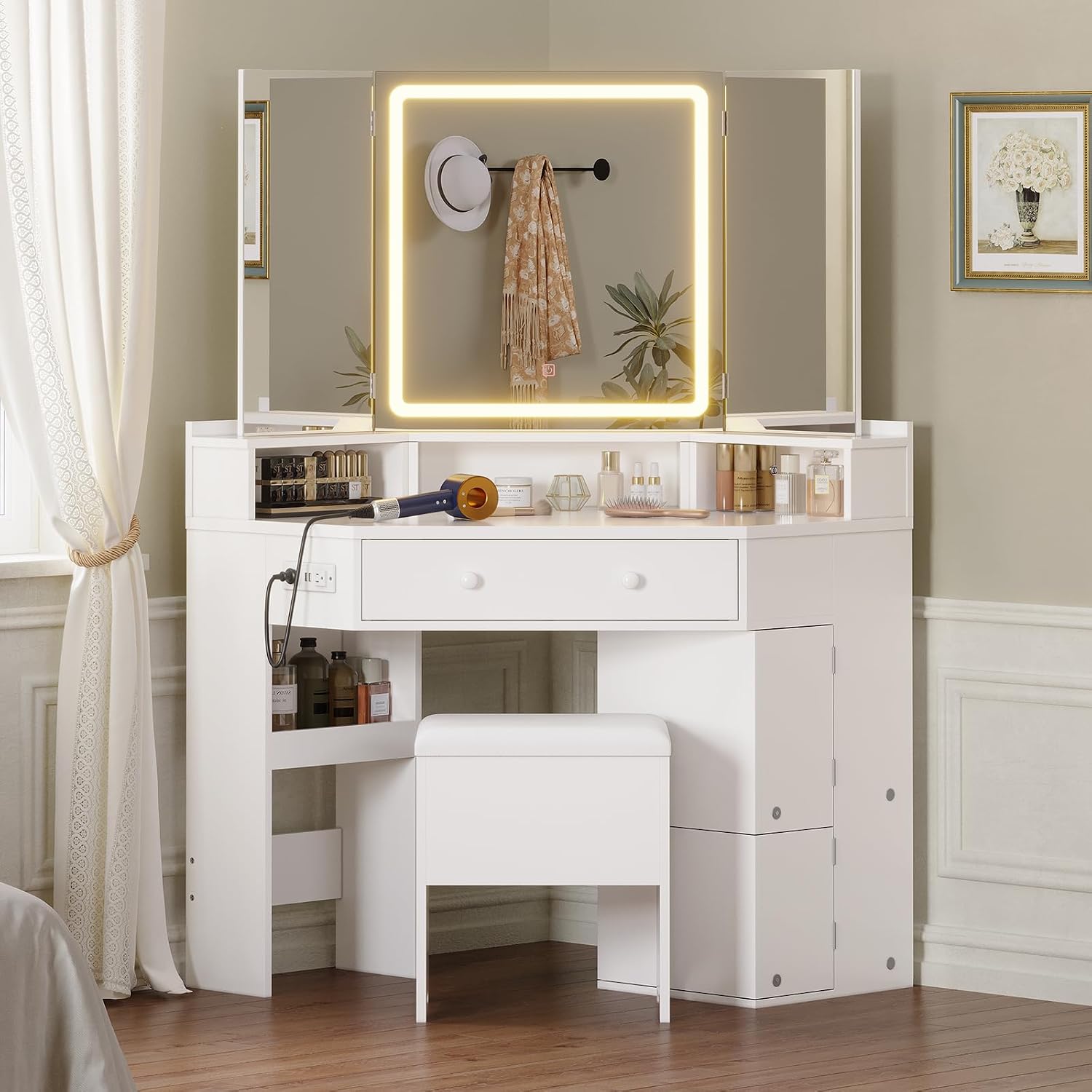 HAUOMS Vanity Desk with Tri-Fold Mirror and Lights, Storage Stool, Corner Makeup Vanities with Drawers & Power Outlet, 3 Light Settings, Dimmable for Bedroom, Women Girls, White