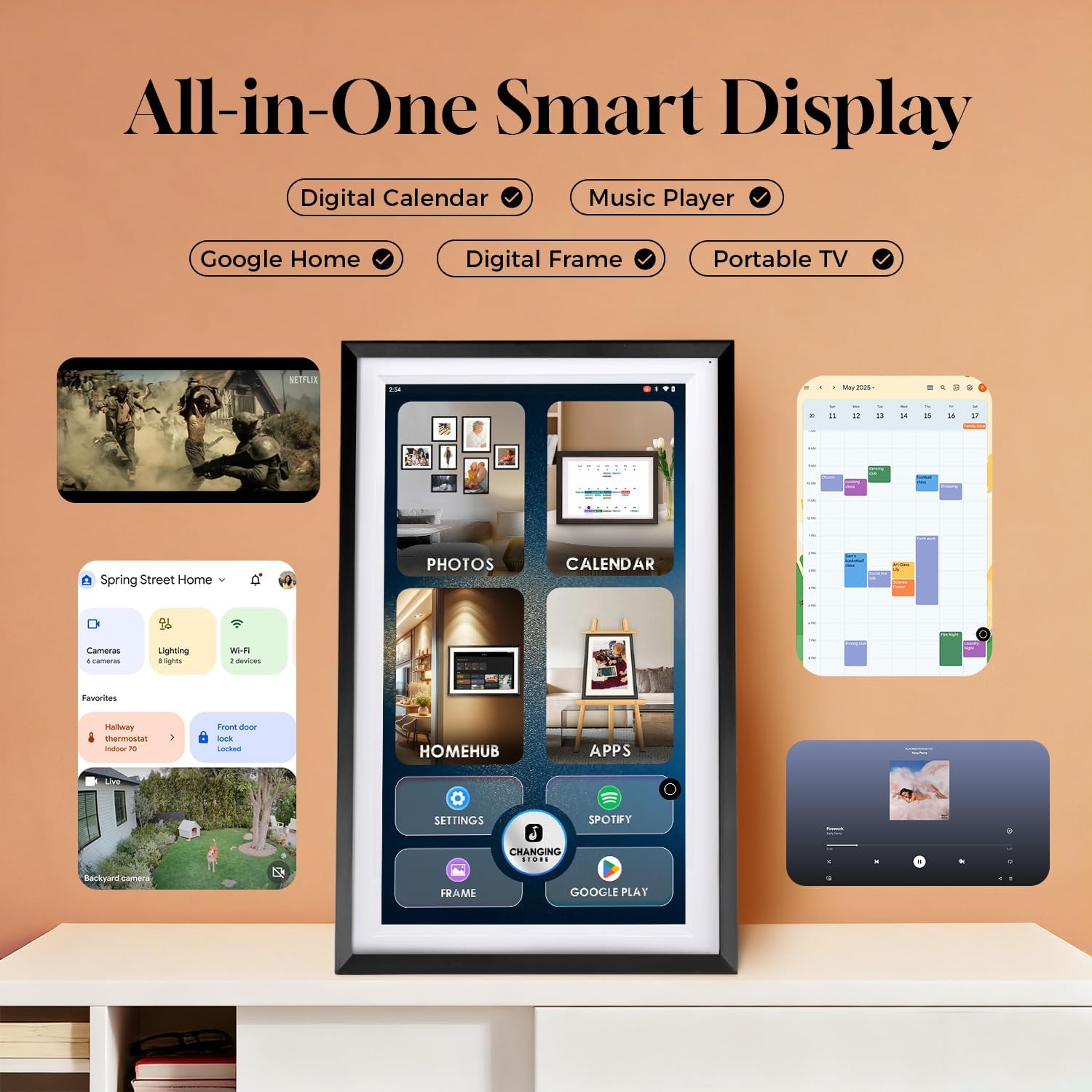15.6' Smart Display with Google Calendar,Google Play,No Subscription,Black | Anti-glare FHD touchscreen,Photo Frame,Android Apps,Built-in Battery,Stylus pen,Voice Assistant,Home Hub,Streaming,Wall&Desk