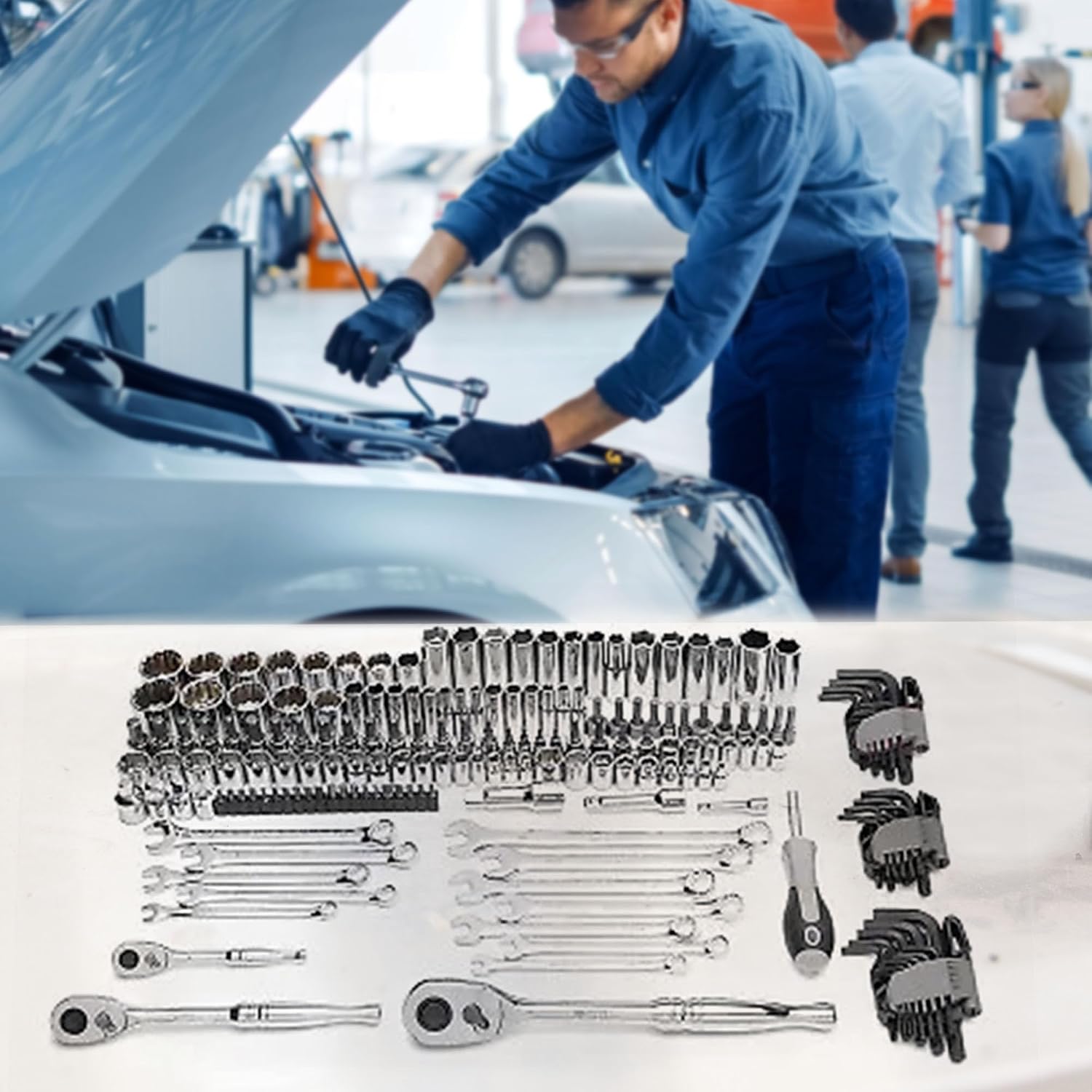 Master Mechanic 180 Piece Mechanics SAE and Metric Socket Tool Kit with 1/4, 3/8, and 1/2 Inch Drive, Assorted Bits, Adapters, Wrenches, and Hex Keys