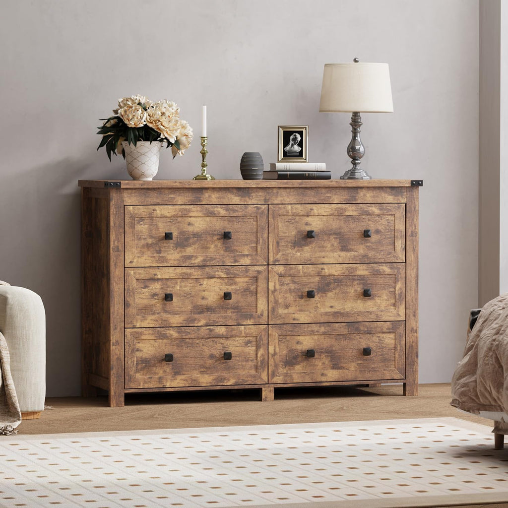Wodeer 6 Drawer Dresser for Bedroom, Brown Modern Dressers & Chests of Drawers with Metal Handles, Closet Storage Dresser, Storage Cabinet and Organizer with Drawers