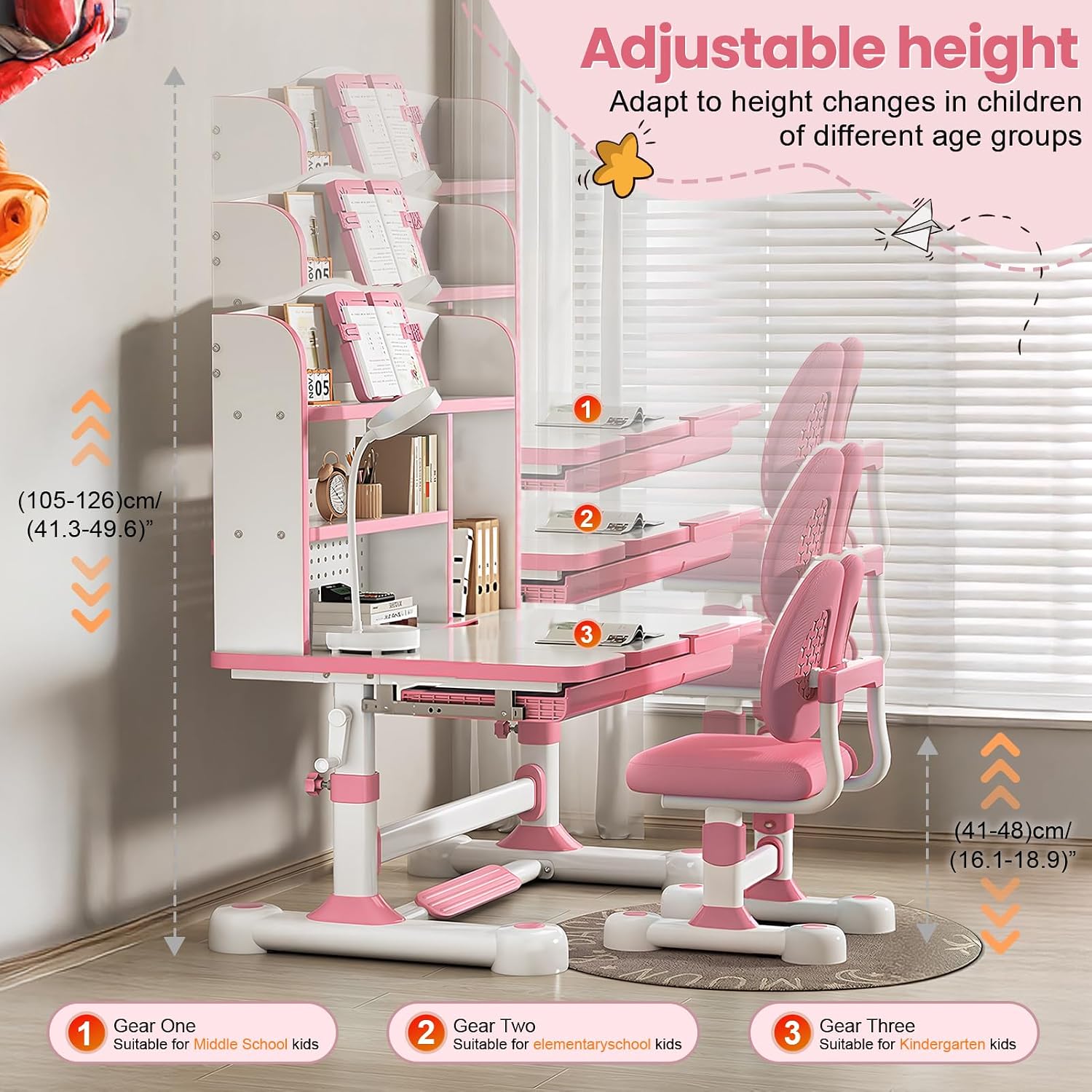Kids Functional Desk and Chair Set – Ergonomic Height Adjustable Art Desk with One-Touch Tilting Desktop, Book Stand, Reading Rack & Storage Drawer for Children Boys & Girls (013-Pink)