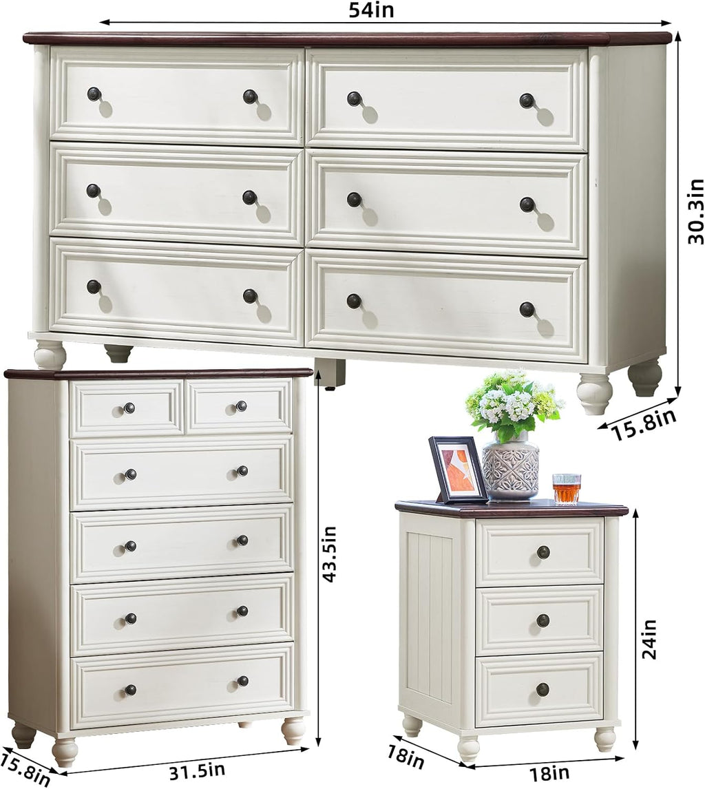 Farmhouse Dressers & Night Stand Set of 4, Wood 54' Wide 6 Drawer Dresser & 43.5' Tall Chest of Drawers, 18'Roman Column Nightstand Set of 2, Bedroom Furniture Dresser Set for Home Living Room Hallway