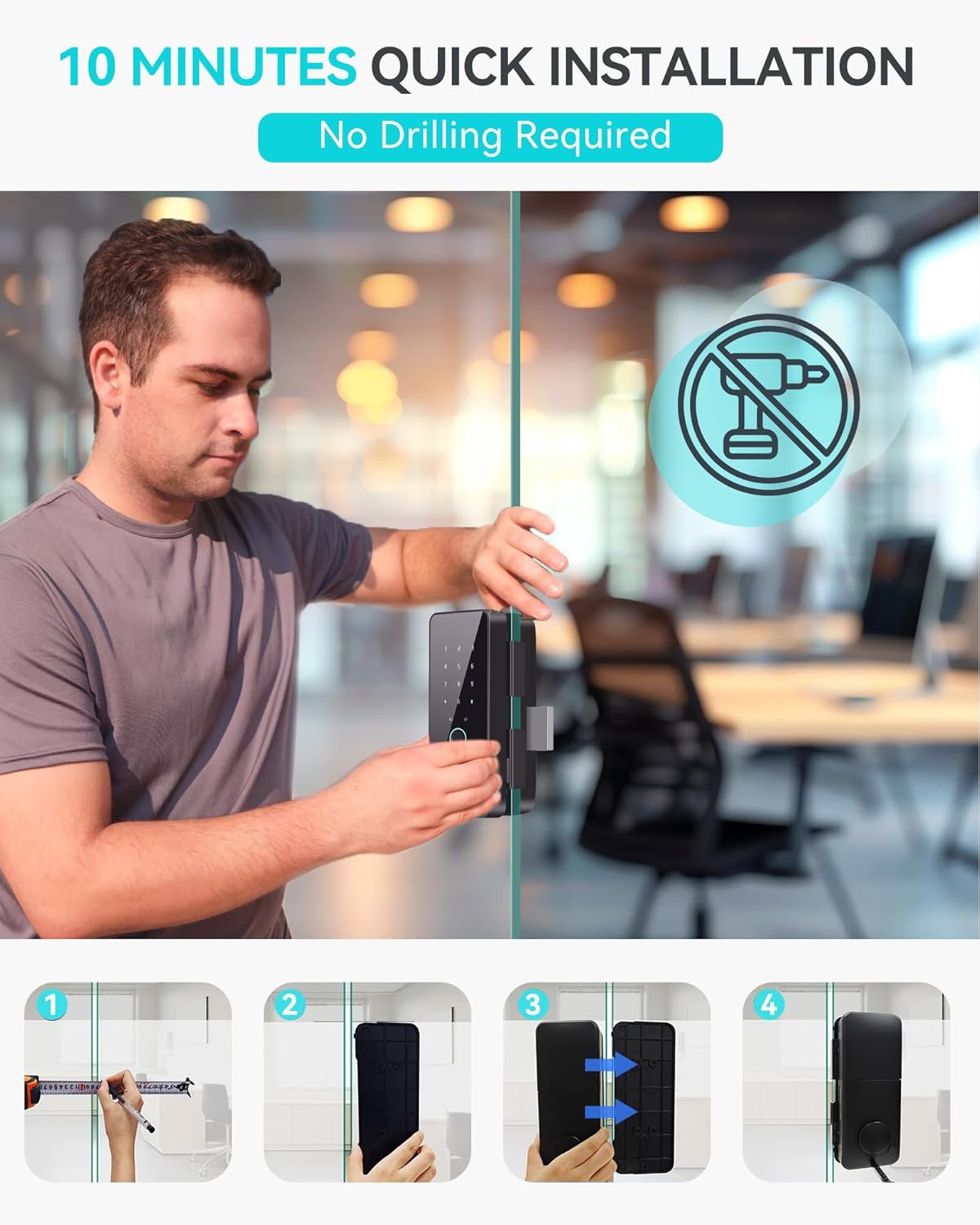 2026 No-Drill Smart Glass Lock for Frameless Doors,Auto-Reversal Keyless Entry Gate Locks with 5 Unlock Ways,Bluetooth App Control/Fingerprint/IC Card/Password/Keys,Home Office Business
