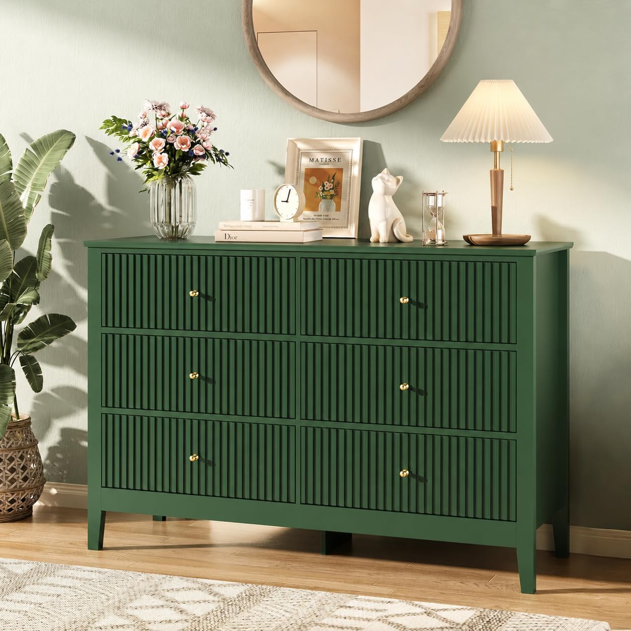 Green Dresser for Bedroom, 6 Drawers Fluted Chest of Drawers with Storage, Modern 47'' Wide Dresser with Paint Design, Wood Drawer Organizer Dressers for Entryway, Hallway
