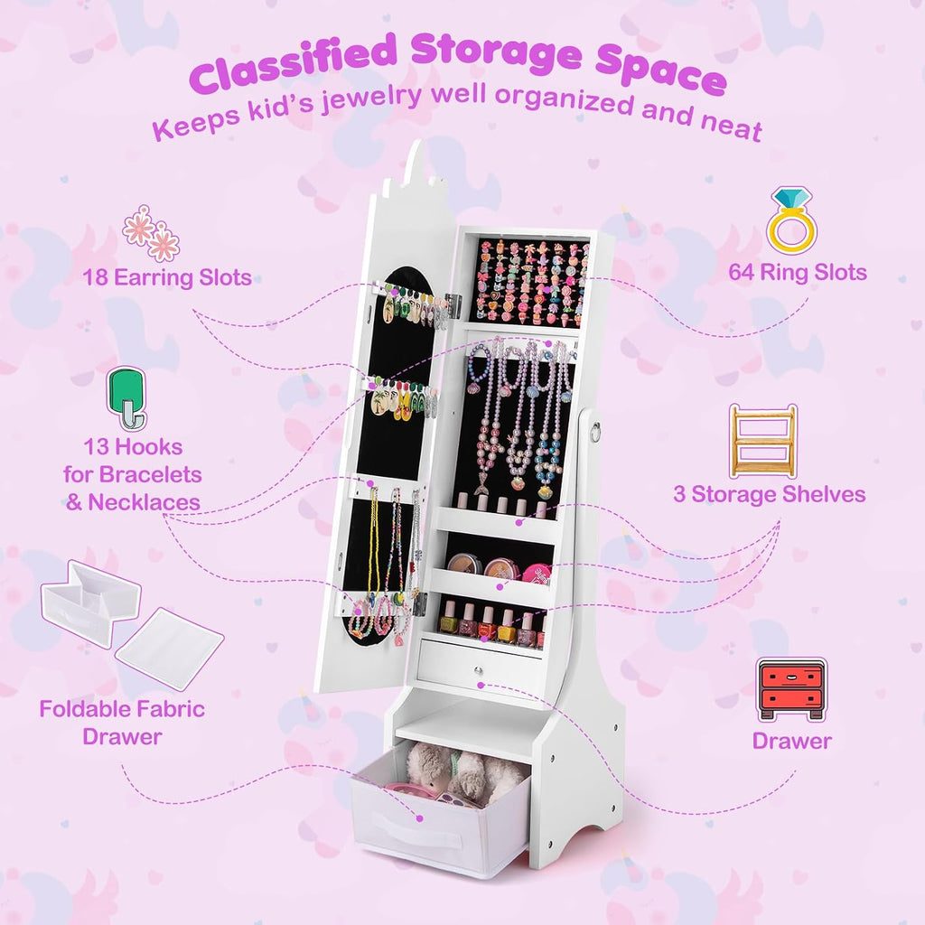 GLACER Kids Vanity & Kids Jewelry Armoire, Princess Little Girls Vanity, Standing Children Jewelry Organizer w/Full-Length Mirror & Foldable Drawers, Adjustable Angles, Kids Bedroom Set (White)