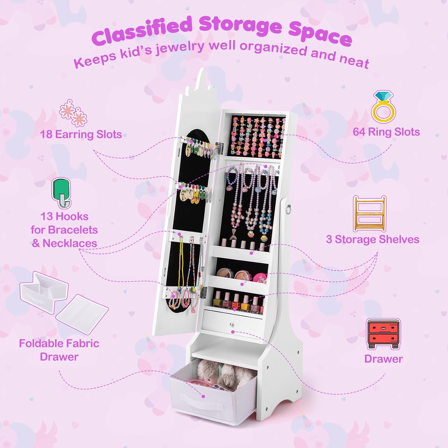GLACER Kids Vanity & Kids Jewelry Armoire, Princess Little Girls Vanity, Standing Children Jewelry Organizer w/Full-Length Mirror & Foldable Drawers, Adjustable Angles, Kids Bedroom Set (White)