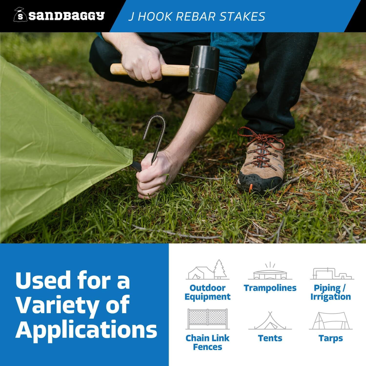 Sandbaggy 24' J Hook Rebar Stakes - 1/2' Diameter (#4 Rebar) - Ground Anchors for Tents, Gardens, Fences, Holiday & Christmas Decorations - Galvanized Steel (J-Shape - 24', 20, Count)