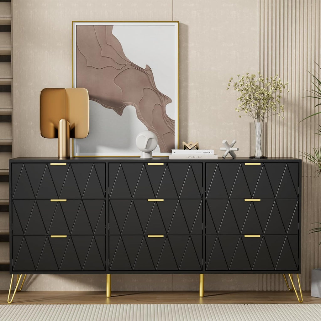 UEV Black Dresser for Bedroom,Modern 9 Drawer Triple Dresser with Gold Accents,Long Storage Organizer for TV Stand & Closet,Large Chest of Drawers for Living Room,Hallway,Entryway