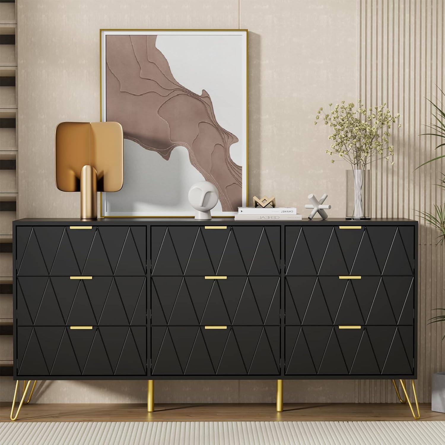 UEV Black Dresser for Bedroom,Modern 9 Drawer Triple Dresser with Gold Accents,Long Storage Organizer for TV Stand & Closet,Large Chest of Drawers for Living Room,Hallway,Entryway