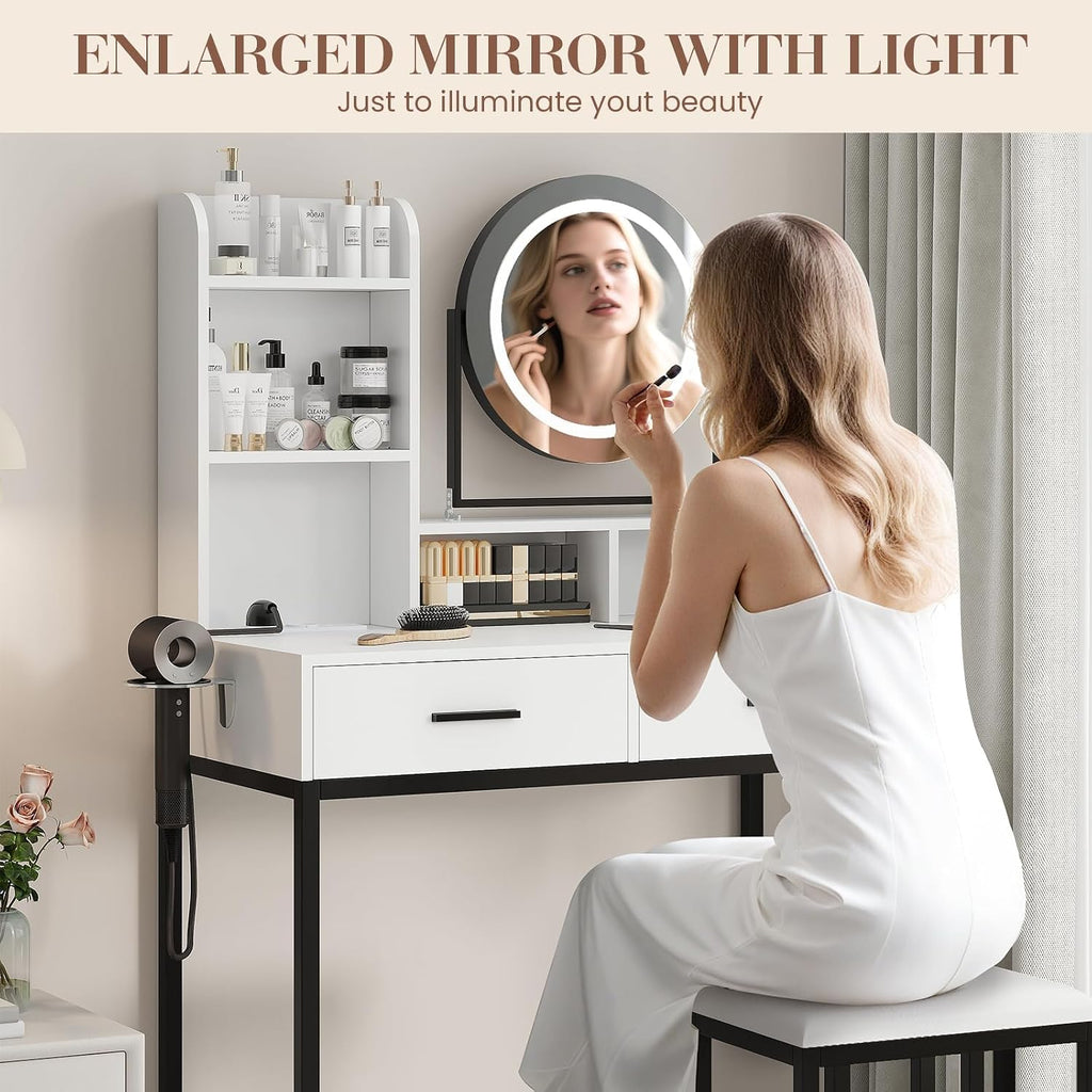 Vanity Desk with Mirror and Light, Makeup Vanity Desk with Rotating Mirror, 3 Colors Adjustable Light, Wood Vanity with 2 Drawers, Stool, Power Outlet, Vanity Set for Bedroom/Dressing Room, Black