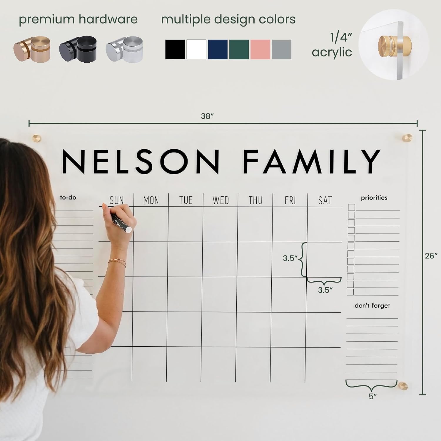 Personalized Clear Acrylic Calendar for Wall, Calendar Whiteboard for Wall, Dry Erase Wall Calendar, Wall Calendar Organizer System for Home (Block, Blush, 38'W x 26'H)