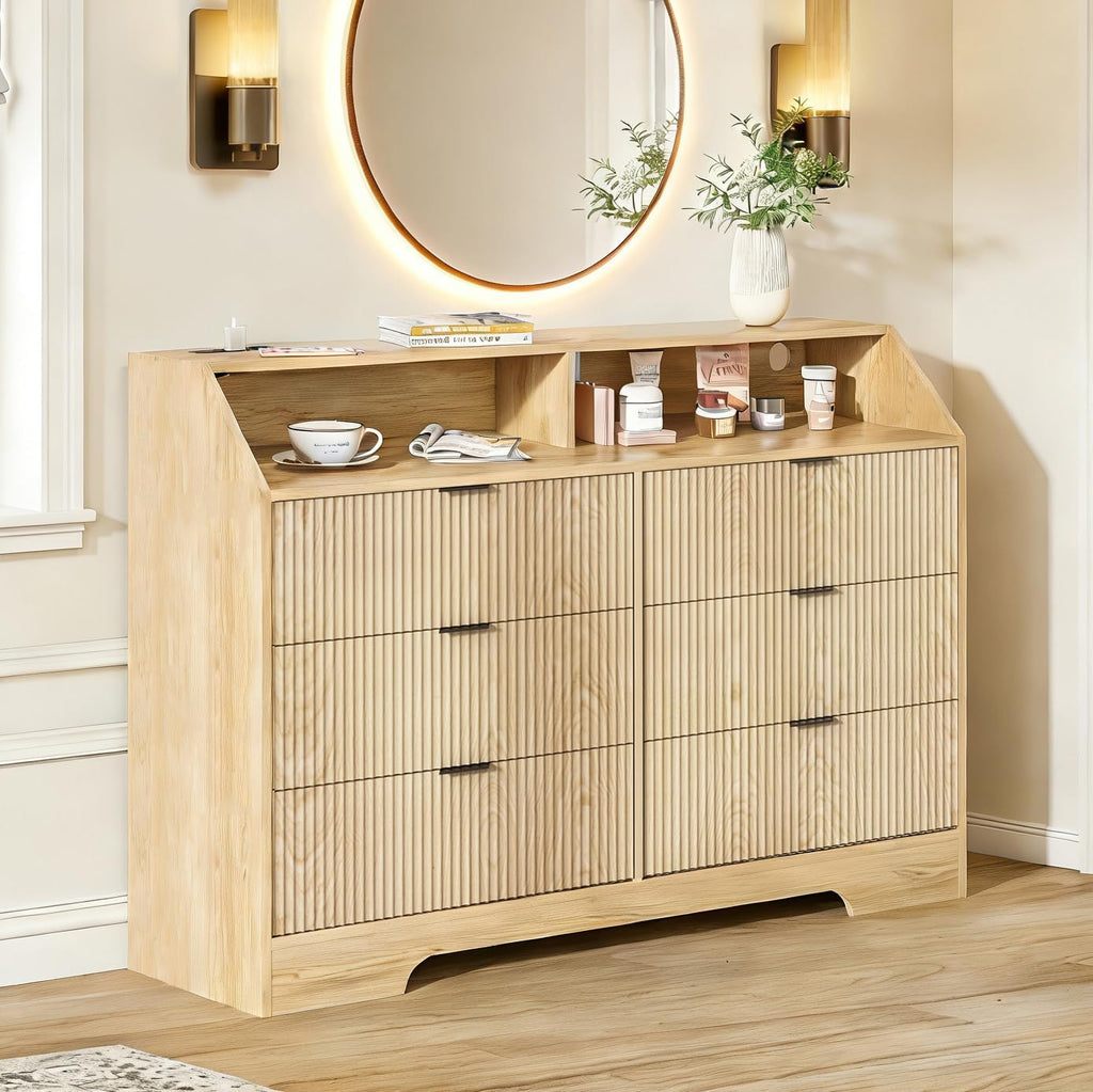 Fluted Dresser for Closet, Boho Bedroom 6 Drawer Dresser TV Stand with Charging Station, Oak Wide Chest of Drawers, Farmhouse Wood Closet Clothes Storage for Living Room, Metal Handle, 47'
