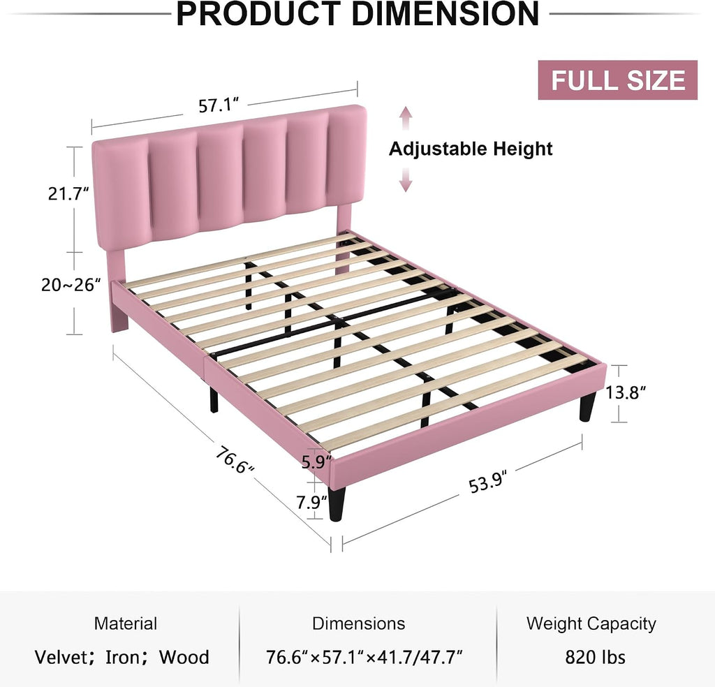 VECELO Full Bed Frames, Upholstered Platform Bedframe, Adjustable Headboard, Wood Slat Support, No Box Spring Needed, Easy Assembly, Cherry Pink