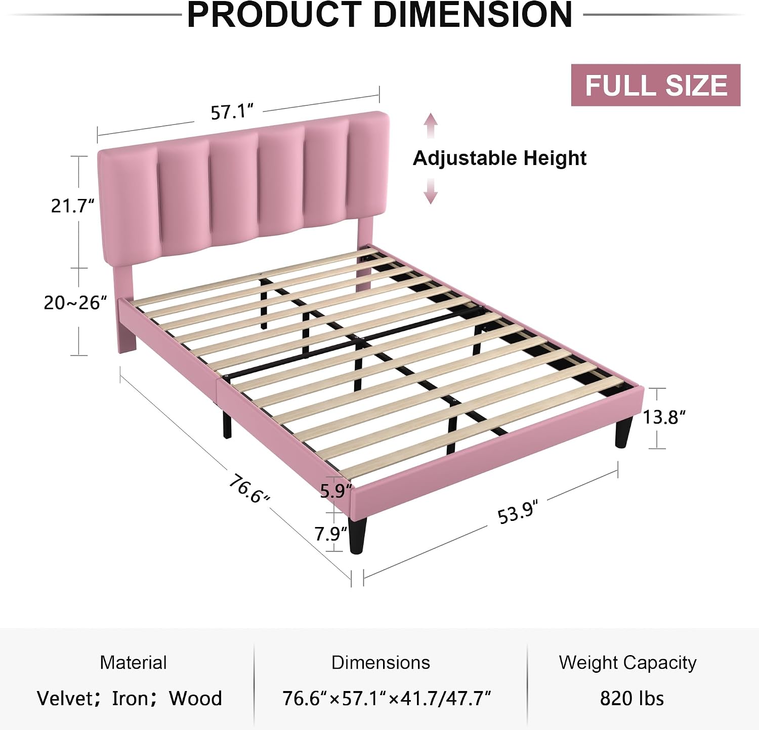 VECELO Full Bed Frames, Upholstered Platform Bedframe, Adjustable Headboard, Wood Slat Support, No Box Spring Needed, Easy Assembly, Cherry Pink