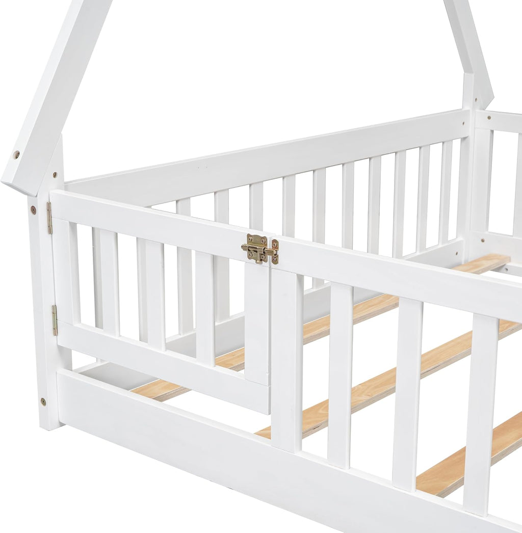 Bellemave Full Size Tent Floor Bed for Kids,Montessori Floor Bed with Door and Guardrails,Wood Floor Bed with Slats,Teepee Bed for Girls Boys(Full,White)