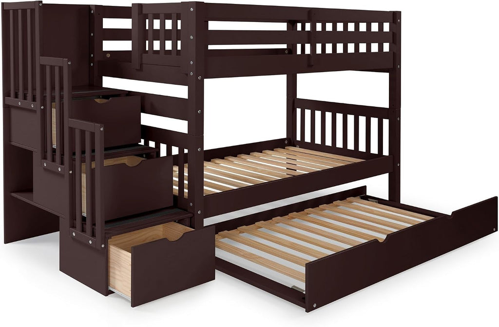 Bedz King Stairway Bunk Beds Twin Over Twin, 3 Step Drawers and a Twin Trundle, Dark Cherry