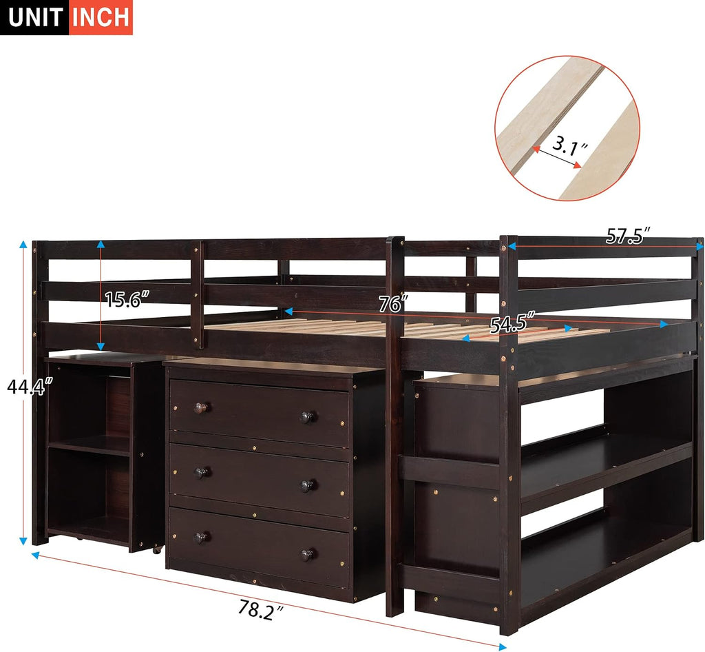 Full Size Low Loft Bed with Rolling Portable Desk, Wooden Loft Bed with Cabinet/Bookshelf/Drawers/Open Shelves for Kids Teens Adults, No Box Spring Required (Espresso-Full-Rolling Portable Desk)