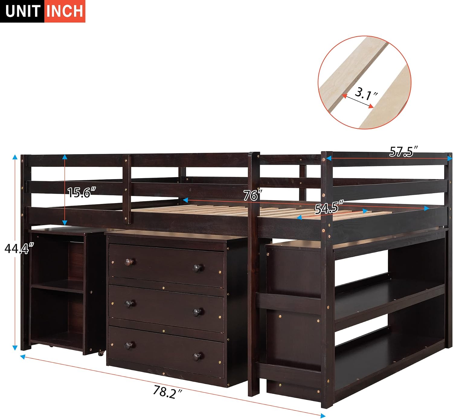 Full Size Low Loft Bed with Rolling Portable Desk, Wooden Loft Bed with Cabinet/Bookshelf/Drawers/Open Shelves for Kids Teens Adults, No Box Spring Required (Espresso-Full-Rolling Portable Desk)