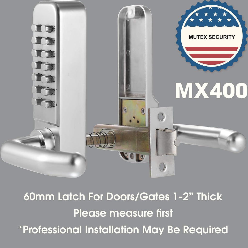 MX400 14 Digit Keypad Mechanical Door Lock Lever Set - 60mm Latch for Residential Gates or Doors - Fits Standard 2 1/8' USA Door Holes - Not a Deadbolt Satin Chrome
