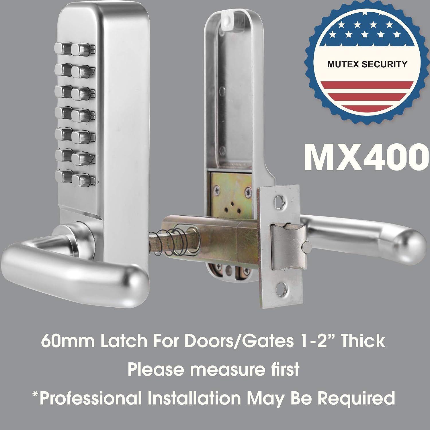 MX400 14 Digit Keypad Mechanical Door Lock Lever Set - 60mm Latch for Residential Gates or Doors - Fits Standard 2 1/8' USA Door Holes - Not a Deadbolt Satin Chrome