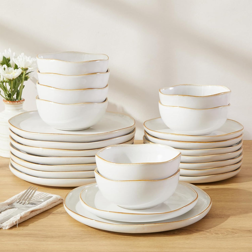 Pokini 24 Piece White Ceramic Plates and Bowls Sets for 8, Reactive Glaze Stoneware with Coastal‑Line Look | Ideal for Holiday Entertaining, Thanksgiving, and Large Family Meals