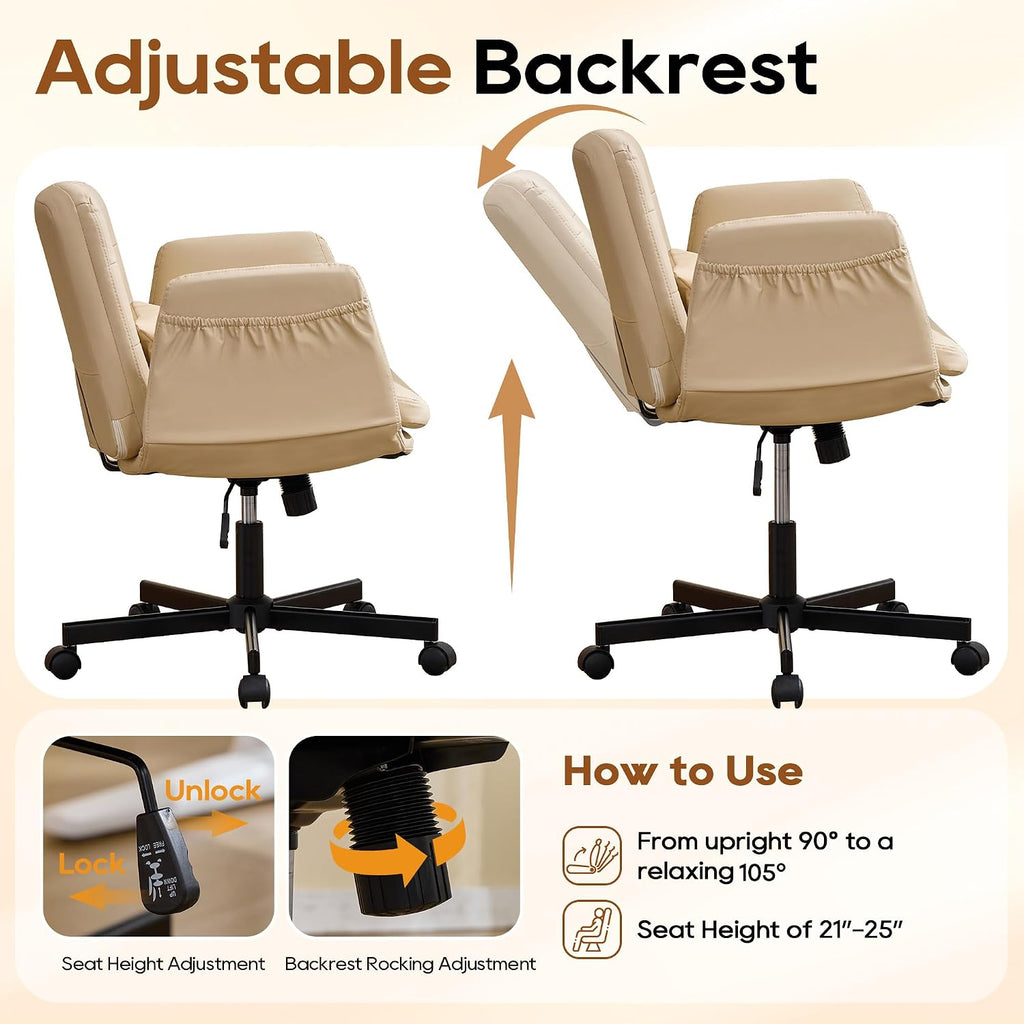 Criss Cross Chair with Wheels & Outward-Folding Armrests, Cross Legged Office Chair with Storage Pockets, Comfortable Adjustable Swivel Vanity Chair for Home, Living Room, Bedroom (Beige,Set of 2)