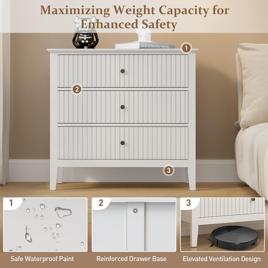 RoyalCraft White Fluted 3 Drawer Dresser, 32 inch Wide Dresser Nightstand for Bedroom, Modern Wood Chest of Drawers, Large Painted Nightstand with 3 Drawers for Closet, Hallway, Entryway