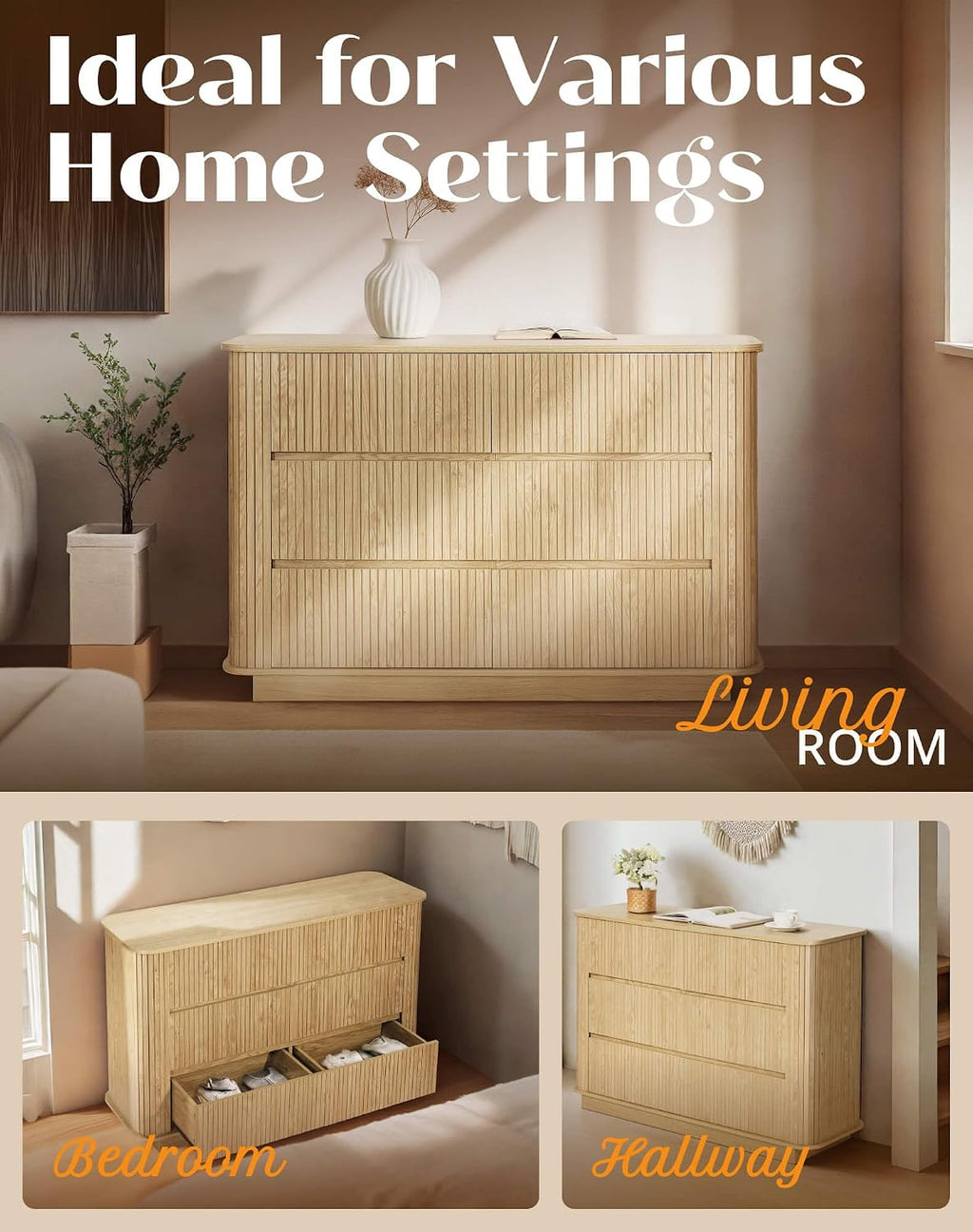 Fluted 6 Drawer Dresser for Bedroom, 47.2' Wide Wood Chests of Drawers with Rounded Corners, Mid Century Modern Closet Clothes Storage Organizer, TV Stand for Living Room, Hallway, Oak