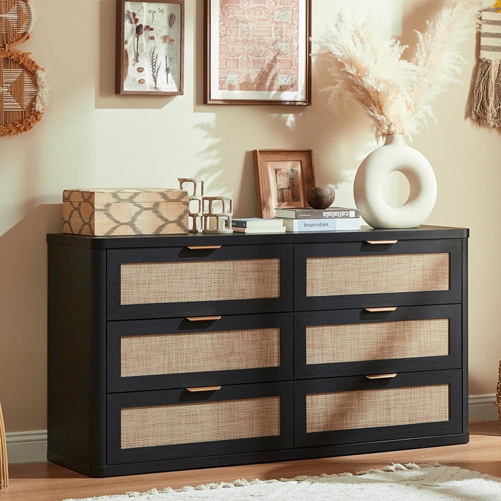 LEYAOYAO Rattan 6 Drawer Dresser for Bedroom Set of 2, Boho 54' Wide Black Dresser Chest of Drawers, Dressers TV Stand with Metal Handle, Storage Dressers Closet Organizer for Living Room, Hallway
