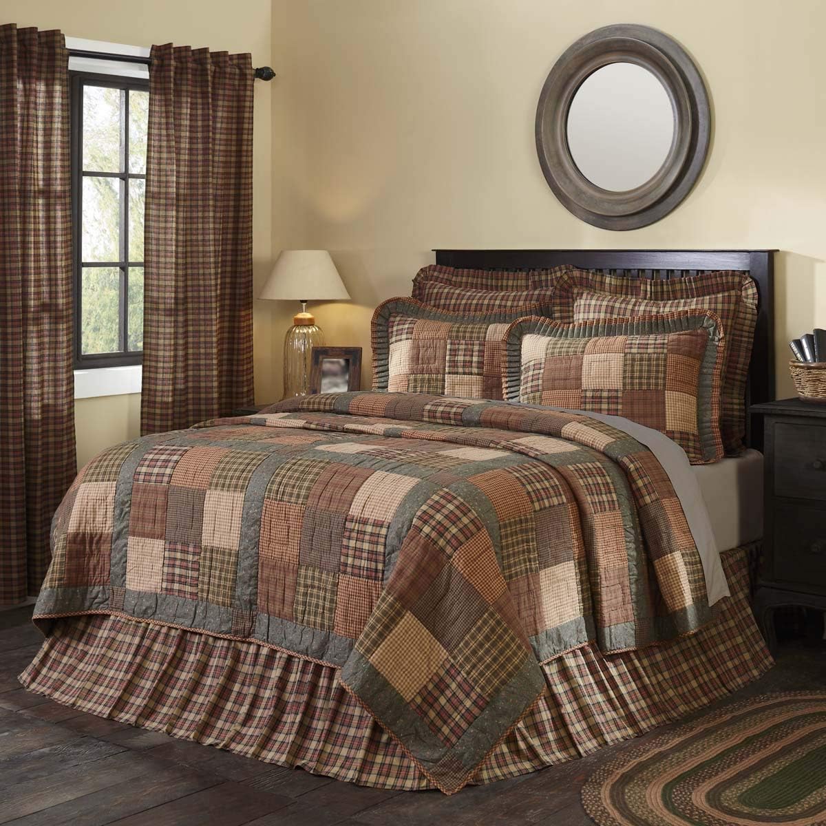 VHC Brands Crosswoods Patchwork Cotton Primitive Bedding Pre-Washed King Quilt, Dark Olive Green