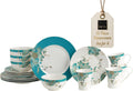 222 Fifth 16-Piece Porcelain Dinnerware Set for 4, Elegant Floral Plates and Bowls Sets-White, Teal, Gold Ceramic Dishes, Chip Resistant Kitchen and Dining Dish Set, Microwave & Dishwasher Safe, Eliza