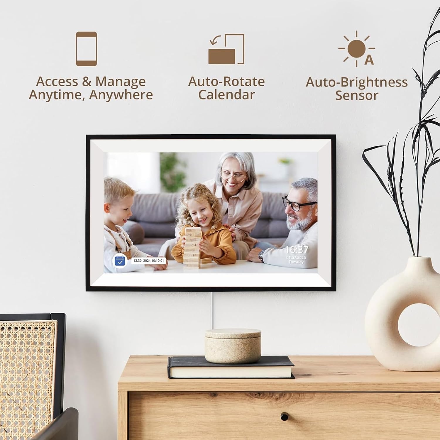 Yunseity 15.6 Inch Smart Digital Calendar, 1080P FHD Touchscreen Wall Planner & Chore Chart, Interactive Display for Family Schedules, Digital Photo Frame Share from Anywhere (WHITE)