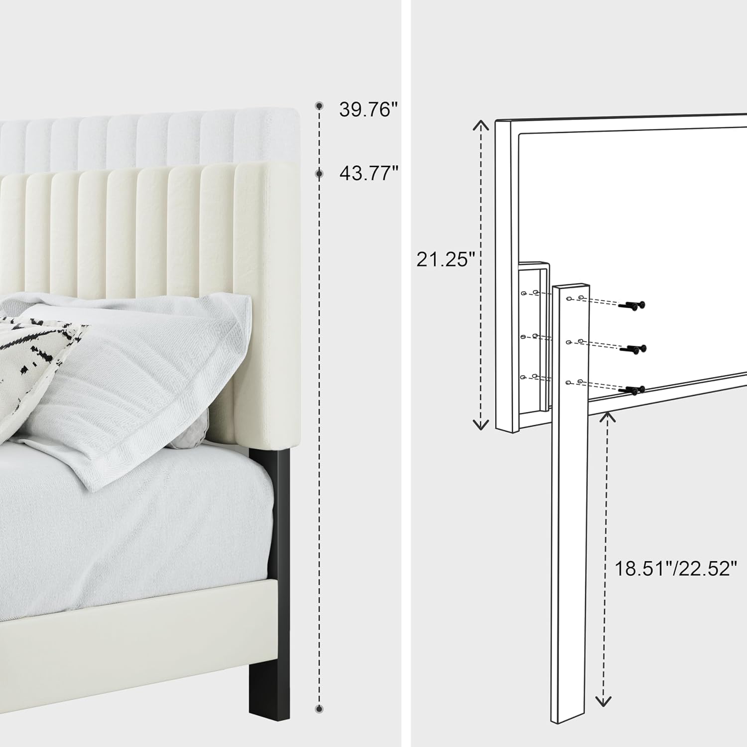 Full Size Bed Frame, Velvet Upholstered Platform Bed with Adjustable Tufted Headboard, Sturdy Frame and Slats, No Noiseless, No Box Spring Required, Easy Assembly, Beige
