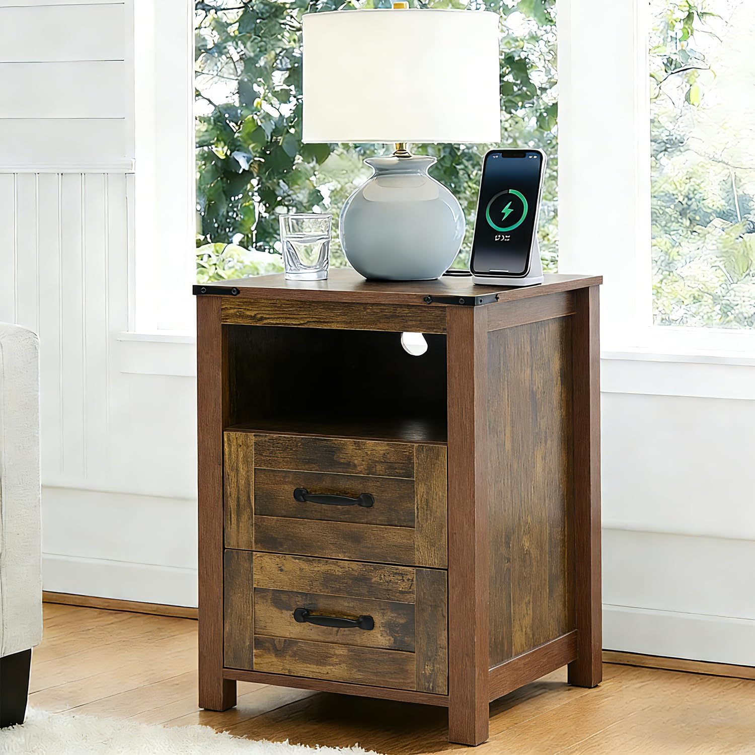 Farmhouse Night Stand Set of 2, Rustic Brown Nightstand for Bedroom, End Tables with Charging Station, Bedside Table with Drawers, Wood Bedside Cabinet Dresser