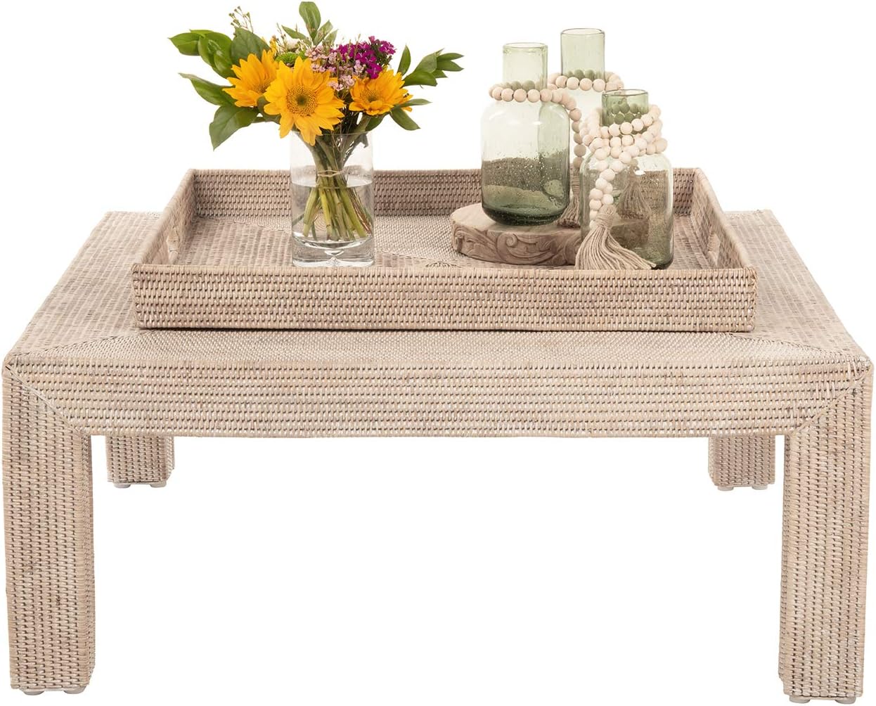 KOUBOO La Jolla Rattan Tray, Square Woven Tray - Decorative Coffee Table, Breakfast Tray, Home Decor Basket Style, Extra Large, White-Wash